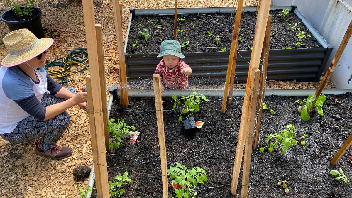 Starting young: Working in the roof top vegetable garden at the Blue Mountains Cultural Centre in Katoomba.