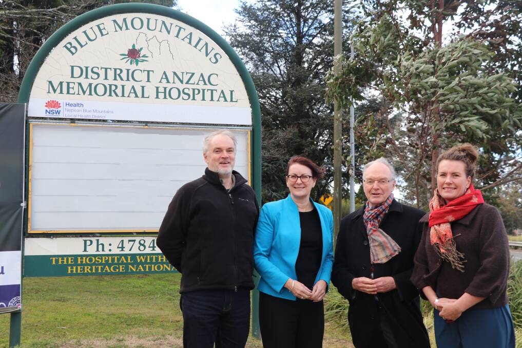 MRI call:  Nurse Peter Buckney, Federal Member for Macquarie Susan Templeman, Dr John England and Blue Mountains MP Trish Doyle outside Katoomba Hospital.