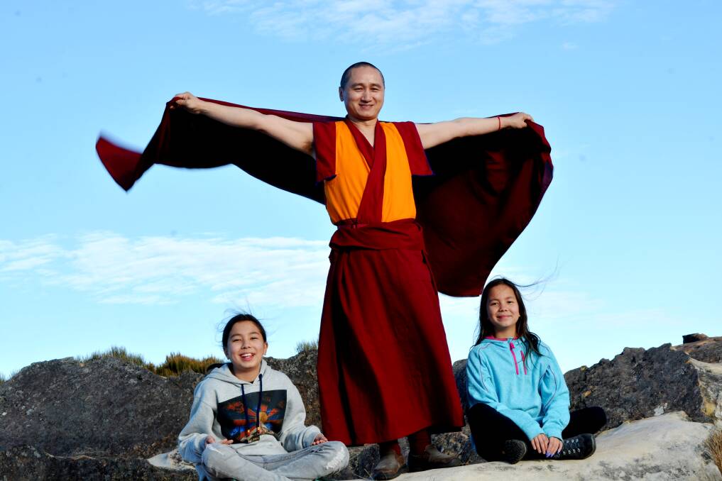 Tenzin and Tsepal with Geshe Tenzin Zopa at Lincoln Rock. Photo: Kunchok Gyaltsen