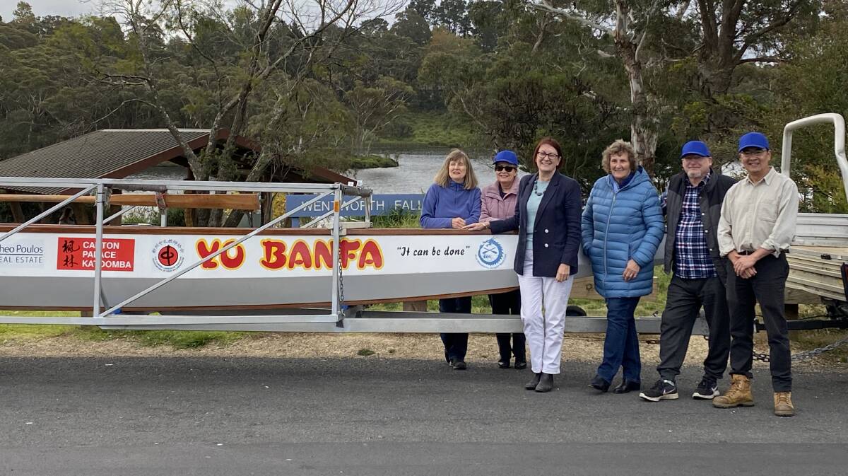 Macquarie MP Susan Templeman with members of the Blue Mountains Dragon Boat Club and their boat, Yo Banfa, at Wentworth Falls Lake earlier this year.