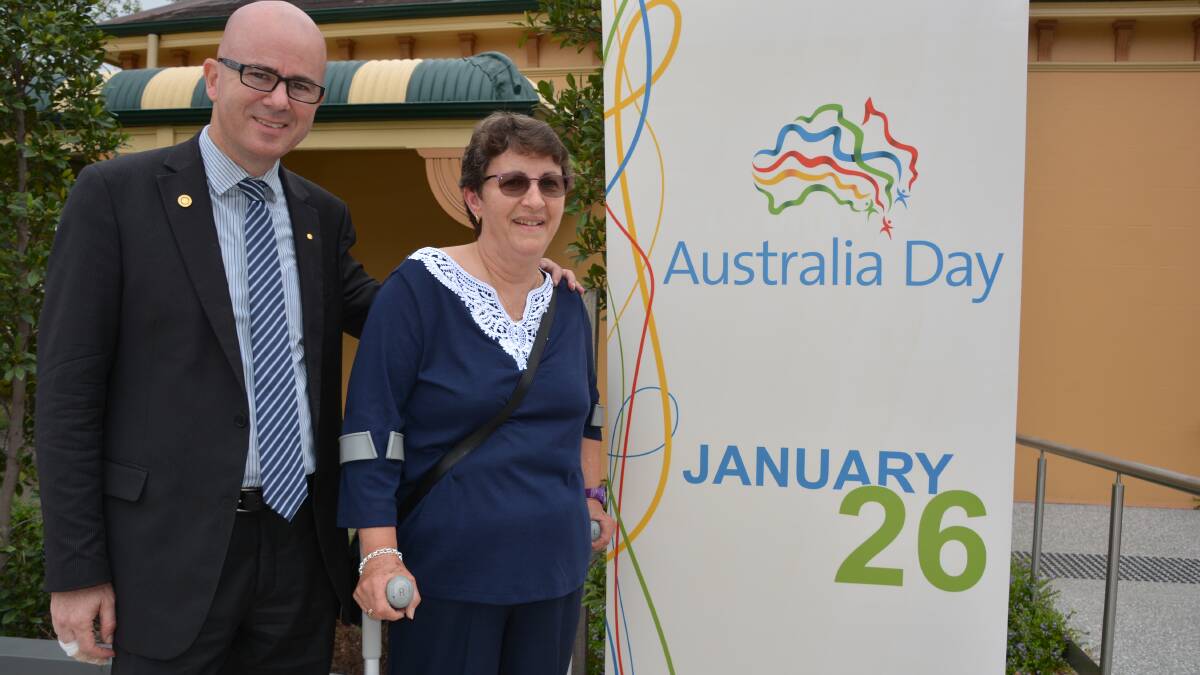 Blue Mountains mayor Mark Greenhill with Blue Mountains Citizen of the Year Helen Walker outside the Blue Mountains Theatre in Springwood on Australia Day.
