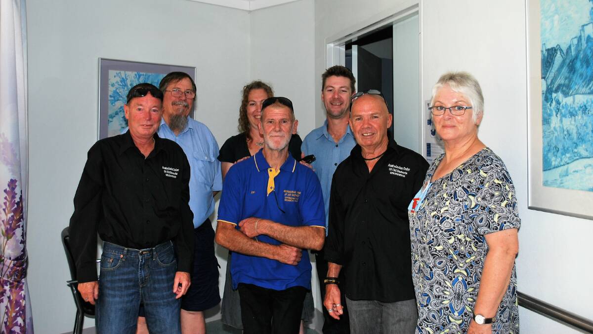 Order raising funds: Old Bastards members (left to right) Scotty Spencer, Jim Redwin, Olivia Dean, Ian Wright, Luke Anderson, AOOB branch 43 president Graeme Martin and auxiliary president Wendy Bowman at Springwood's palliative care unit
