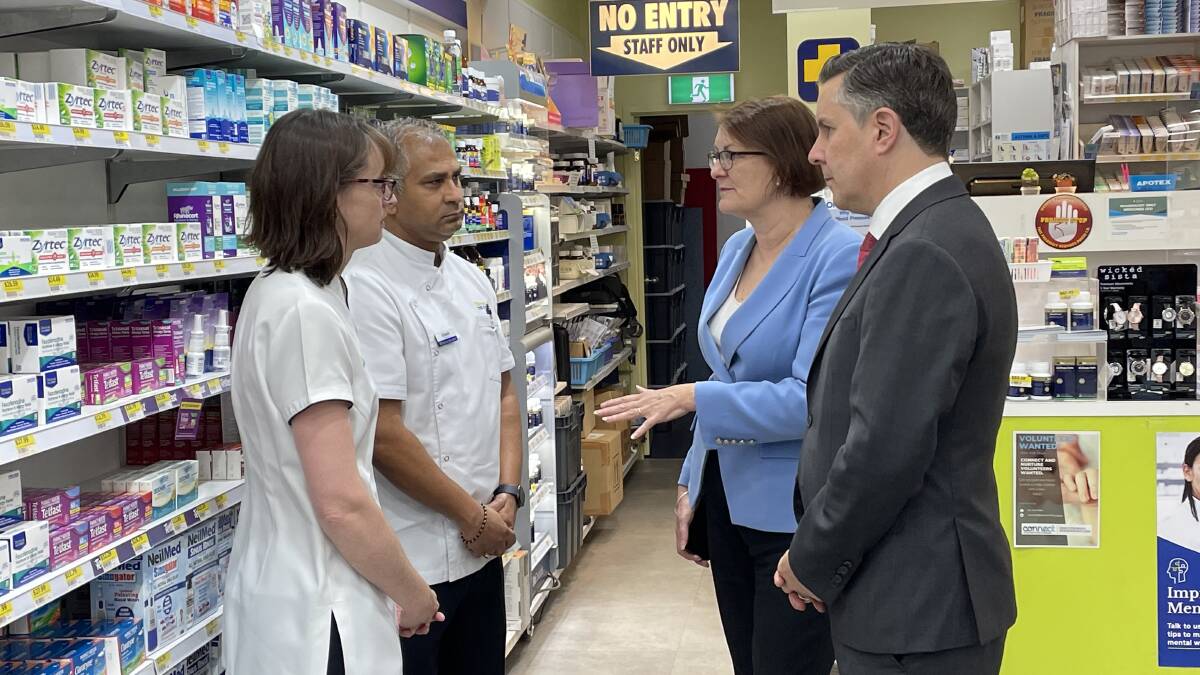 Federal health minister Mark Butler (right) with Federal Member for Macquarie Susan Templeman and Springwood Blooms pharmacists Sheryn Phillips and Sailesh Chauhan. Picture by Damien Madigan