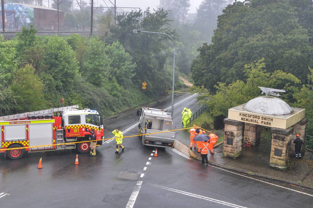 Emergency services workers at a landslip at Gang Gang Street, Katoomba on Monday, March 7. Picture: Brigitte Grant Photography