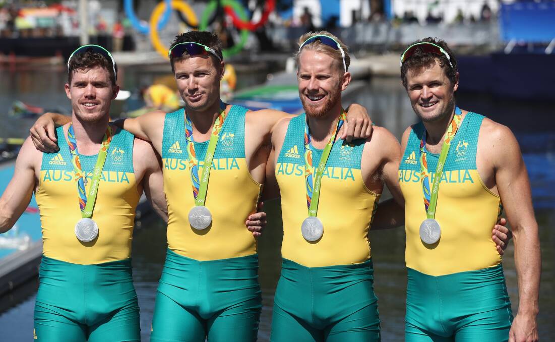 Blue Mountains Australia Day Ambassador Cameron Girdlestone (third from left) with Karsten Forsterling, Alexander Belonogoff and James McRae after winning the silver medal in the Men's Quadruple Sculls Final at the Rio Olympic Games on August 11, 2016. Photo by Alexander Hassenstein/Getty Images.