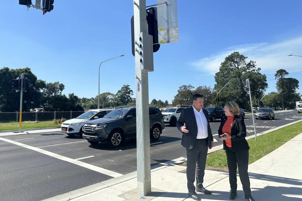 Penrith mayor Todd Carney and Penrith MP Karen McKeown in front of the newly upgraded section of the Great Western Highway as part of the Regatta Park project. Picture supplied