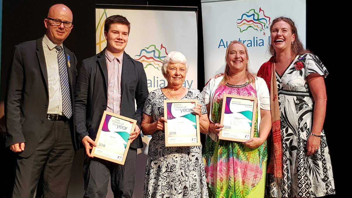Blue Mountains mayor Mark Greenhill with (left to right) 2018 Young Citizen of the Year Andrew Gunn, 2018 Citizen of the Year Carmel Higgins, 2018 Community Achievement of the Year, Springwood Foundation Day Committee representative Kim Cowper, and Member for Blue Mountains Trish Doyle.