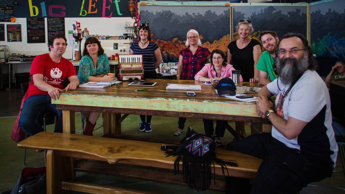 From left to right: Chris Cannell (Music in the Mountains), Meg Benson (Music Hunter), Natusha Scarlett (for Ramon Rathore, Big Beet owner), Suzanne Yasa (MYST), Tessa Hockly (BMCC), Anita Kazis (BMCC), Patrick Blacker (student) and Flinn Donovan (Platform Youth Services) plan for Katoomba Live and Local.