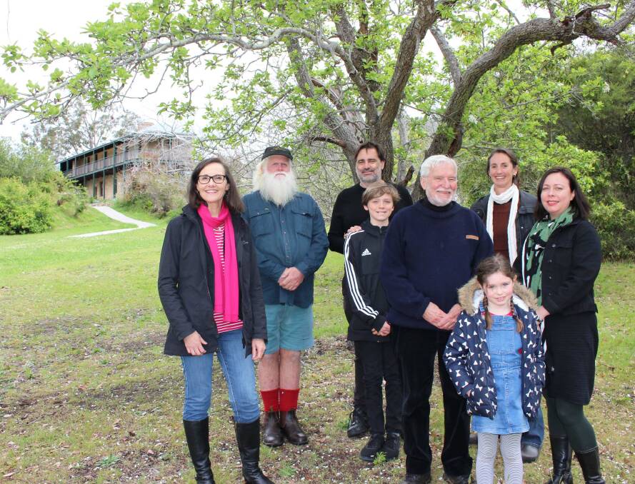 Heritage Near Me: From left, Cr Romola Hollywood; Ian Robinson (long time reserve caretaker); Ken Goodlet (local community historian); Noel Burgess (National Trust Board); Felicity Anderson (Chair of Woodford Academy Management Committee); Elizabeth Burgess (Deputy Chair); and young Charlie and Rose Burgess, under the old pear tree in Woodford Reserve.


