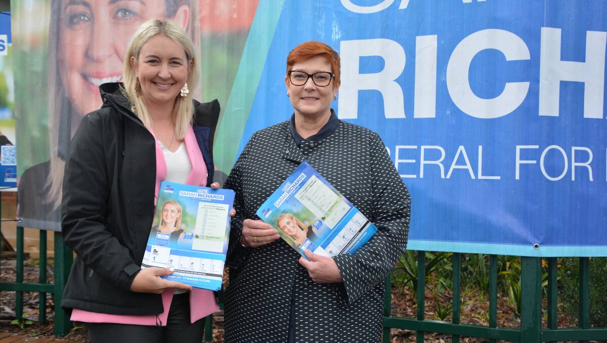 Liberal candidate Sarah Richards with Liberal Senator Marise Payne at East Blaxland on election day.