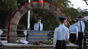 The catafalque party from 323 Squadron - City of Blue Mountains - Australian Air Force Cadets at the 2024 Anzac Day Dawn Service at Springwood. Picture by Michael Bros