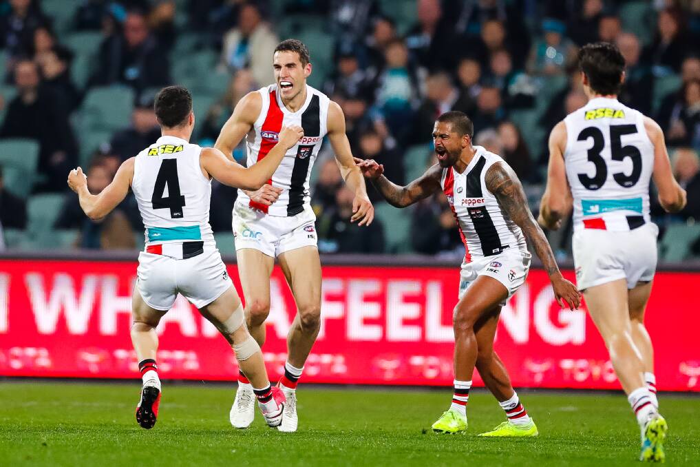 St Kilda's Max King celebrates after kicking a goal during the Round 8 victory over Port Adelaide at Adelaide Oval on Saturday. Photo: Daniel Kalisz/Getty Images