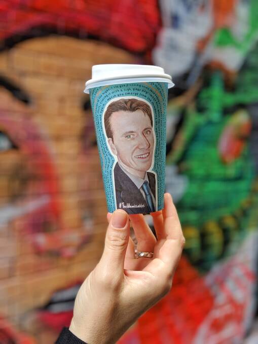 Recognising the missing: Paul Rushworth. Artwork by Molly Stanko. His face is one of eight artworks on some coffee cups available in Sydney.