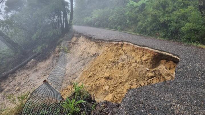 Glenraphael Drive, Katoomba: A landslide has removed half the road. Picture: Blue Mountains Police Facebook