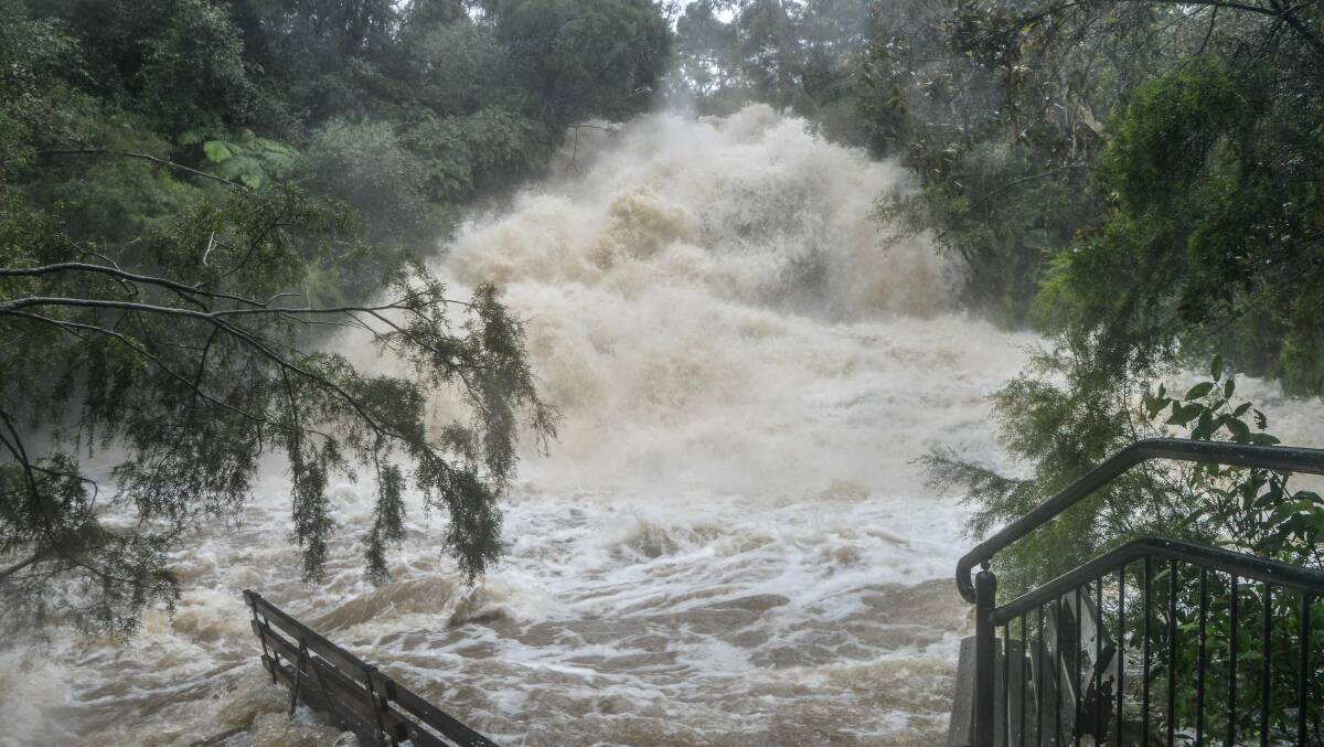 Flooding in the region: Raging water at Katoomba Cascades on Sunday. Photo by Brigitte Grant