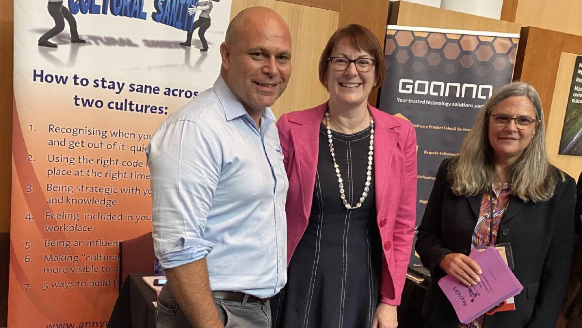 Liam Hart, Susan Templeman and Anny Druett at the Indigenous business trade fair at Australian Parliament House on February 11.