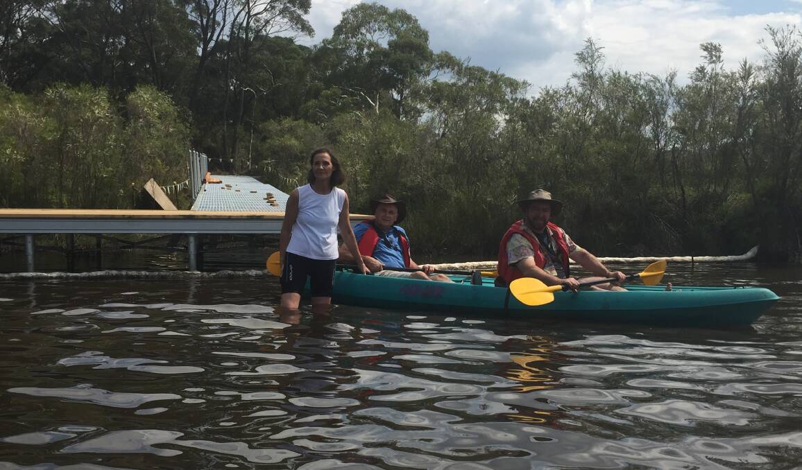 ​Wentworth Falls Lake Reserve’s million dollar upgrade: Nestled amongst hanging swamp the new viewing platform is taking shape. Pictured are councillors Romola Hollywood and Chris Van der Kley and Brent Hoare checking it out.