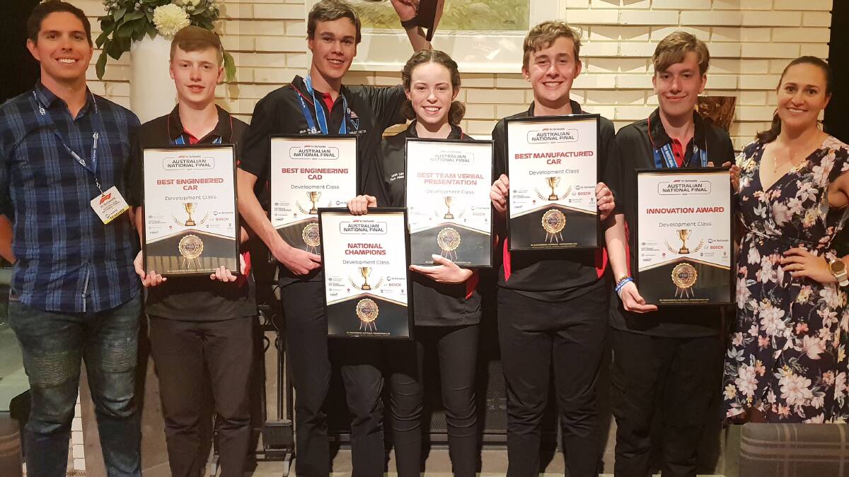  2019 F1 in Schools winners: Thrust Vector team with STEM teacher Michael Laws and students Matthew Foster, Nicholas Hayes, Mirah Larkin, Fin Hastie, Zach Burgess with support teacher Lauren Wade. The competition was held from March 11-15.