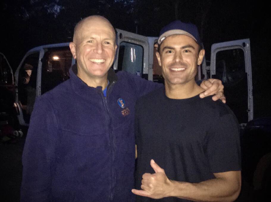 Hollywood star Zac Efron with Blue Mountains Adventure Company's Daniel Lewis at the end of a 12 hour shoot through Empress Canyon in Wentworth Falls in March 2021. Picture supplied