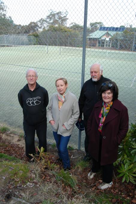 Ready for action on court drainage: Wentworth Falls Tennis Club officials - Richard Mills, Caroline and Cedric Moses and Jules Martin.
