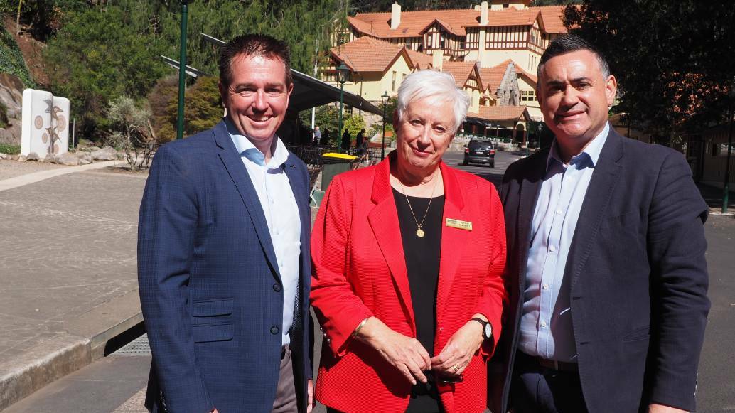 Boost for the caves: MP for Bathurst Paul Toole, Oberon mayor Kathy Sajowitz and NSW Deputy Premier John Barilaro at Jenolan Caves.