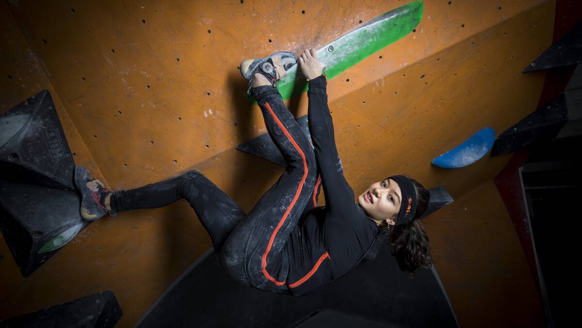  Outdoor world record climber: Angie is in the motion capture climbing suit is hoping to make the Tokyo Olympics. Photo: Anna Kucera.