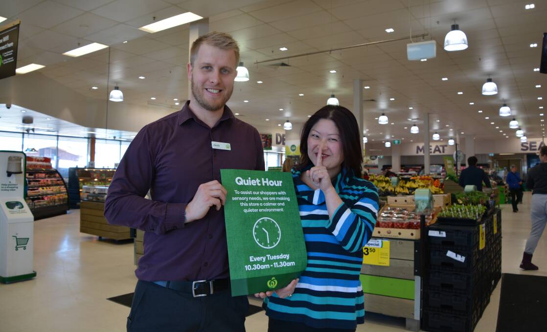 Sssh.. it's Quiet Hour at Katoomba Woolies: Assistant store manager Jacob Thomas and Sensory Concerts director Grace Kim in the store.