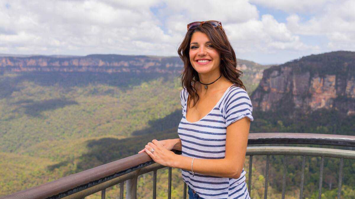 Mountains vista in UK sights: Natalie Anderson, one of the hosts of the British TV show “This Morning” during filming at Scenic World on the weekend. Photo: Ben Hoofe.
