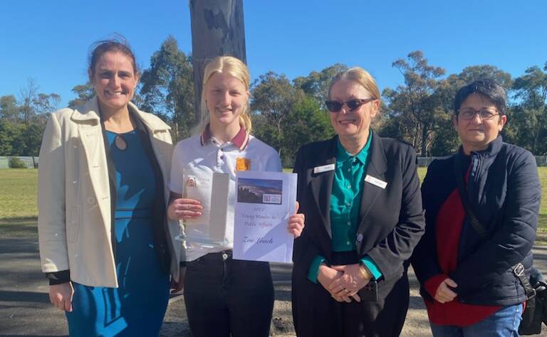 Winner: Zoe Leach with Zonta club member Alison McLaren (left), Linda Adair, coordinator of the Young Women in Public Affairs Award and Gina Vizza from Blue Mountains Womens Health and Resource Centre.