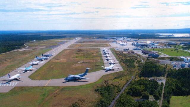 Planes stuck on the tarmac at Gander, Newfoundland. Gander International Airport in Newfoundland, Canada, played host to 38 airliners during the 9/11 crisis, totalling 6,122 passengers and 473 crew, as part of Operation Yellow Ribbon.