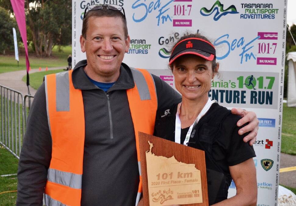 Female winner of Gone Nuts: Blaxland's Heidi Rickard finished her toughest ever race on February 29 in Tasmania. Pictured with race director Michael Phillips.