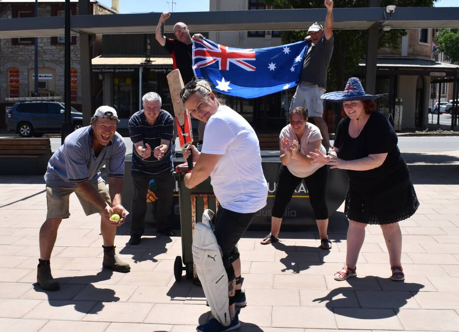 HOWZAT: North Kapunda Hotel patron's club members poised to celebrate Australia Day on January 27 with a cricket match at the town square (from left) Steve Norman, Dave Lillie, Scott Hayman, Bec Harris, Jacki Williams, Fabio Antonioli and Leoni Boyd.