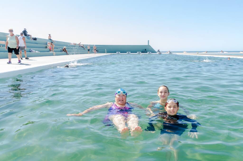 Kay swam Newcastle Ocean Baths on Monday with her grand-niece and -nephew Leila and Samuel Niznik.