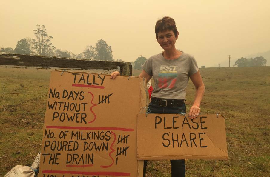 Pappinbarra's 'sign lady' Mary Reynolds at the height of the bushfires. Her signs became a useful source of information and sharing.
