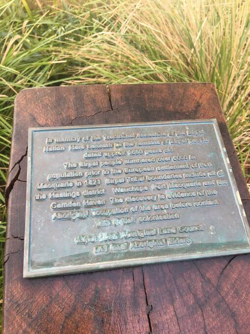 The plaque in the garden on Town Green acknowledging the importance of the site to the Birpai people.