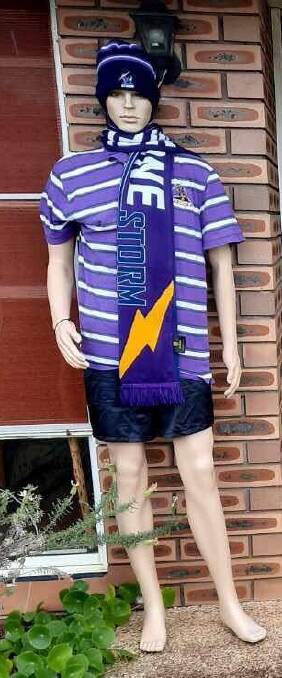 Stolen: The mannequin Charlie shown here proudly wearing Melbourne Storm attire has been abducted.