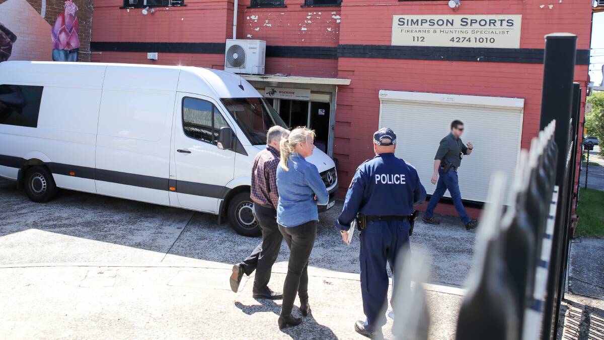 Police raid Simpson Sports Firearms and Hunting Specialist store at Port Kembla, seizing hundreds of guns. Pictures: Adam McLean