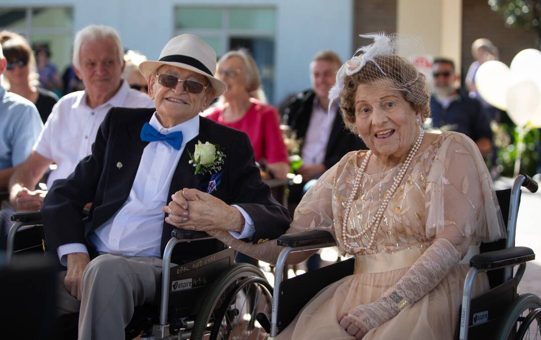 Ron Hedley, 100, and 93-year-old Marie Hill at their commitment ceremony. Picture: Marina Neil