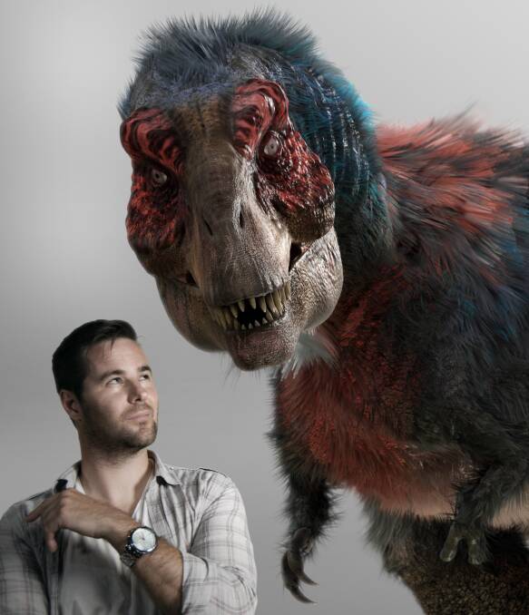 Drummond with a T Rex character he created for his debut feature film Dinosaur Island. Photo: Shane Desiatnik. Visual effects work: Matt Drummond.