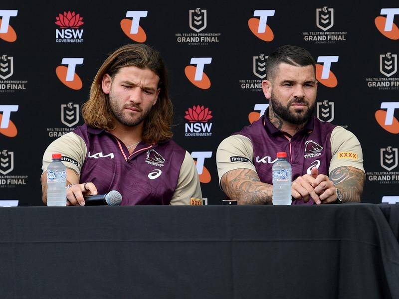 Broncos Pat Carrigan (l) and Adam Reynolds are being investigated after a post-club-function stoush. (Bianca De Marchi/AAP PHOTOS)