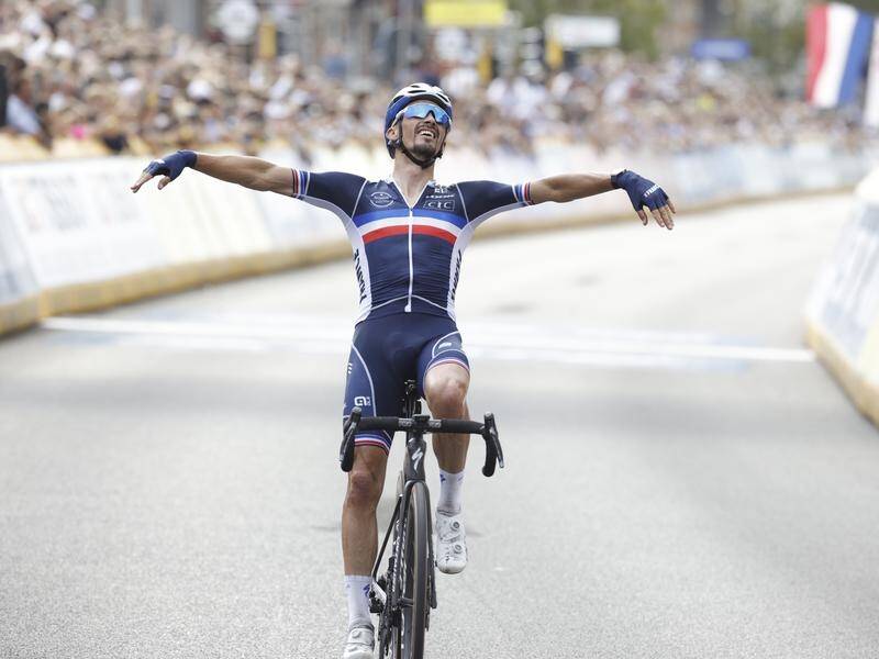 Defending champion Julian Alaphilippe will defend his world road race cycling title in Wollongong. (AP PHOTO)