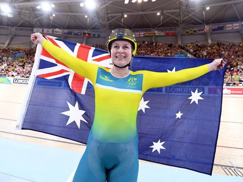 Cyclist Stephanie Morton celebrates winning gold in Women's Sprint at the Commonwealth Games.