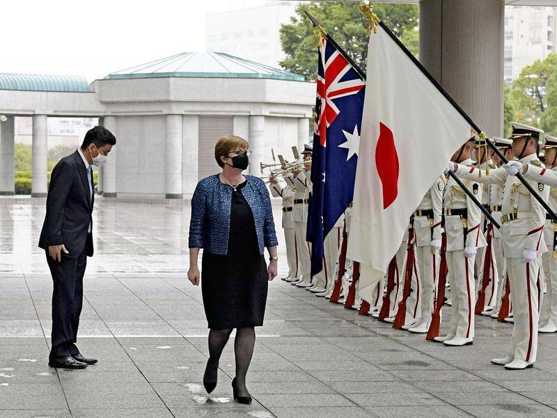 Defence Minister Linda Reynolds with Japanese counterpart Nobuo Kishi reviews an honour guard.