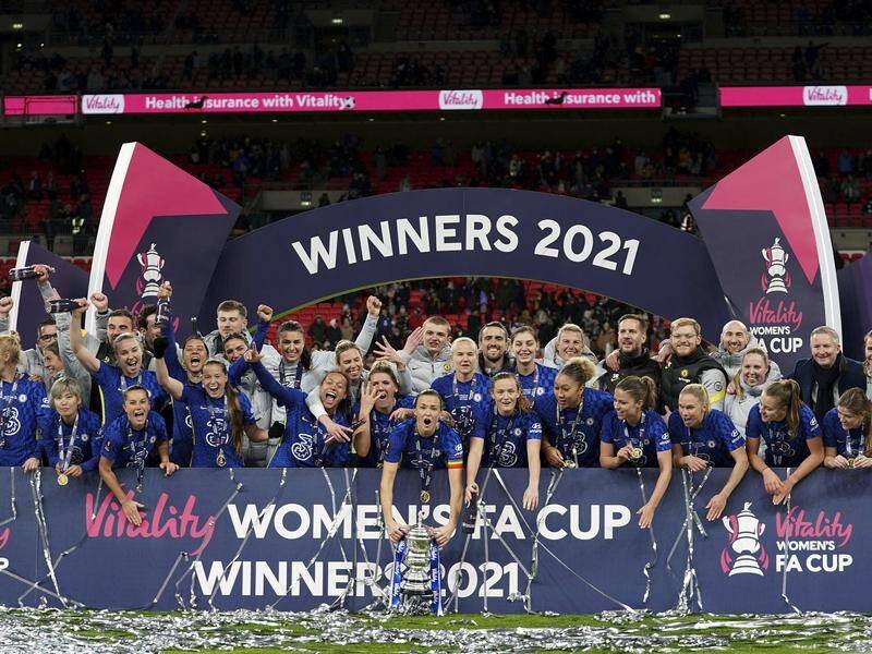 Sam Kerr and her Chelsea teammates celebrate their Women's FA Cup title at Wembley.