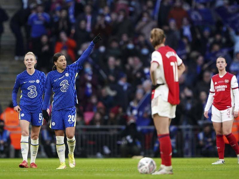 Sam Kerr acknowledges her first goal in Chelsea's Women's FA Cup final win over Arsenal.