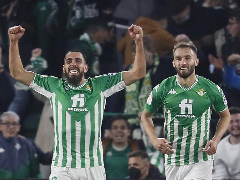 Real Betis striker Borja Iglesias celebrates his second goal of the game against visitors Alaves.
