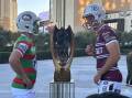 Damien Cook of the Rabbitohs (left) and Manly's Tom Trbojevic are ready to tackle Las Vegas. (Scott Bailey/AAP PHOTOS)