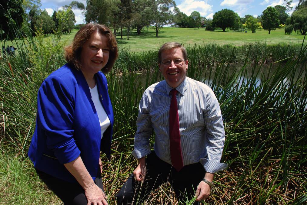 Acting premier Troy Grant and Blue Mountains MP Roza Sage announce $80,000 in funding for the expansion to the Springwood Country Club dam last week.