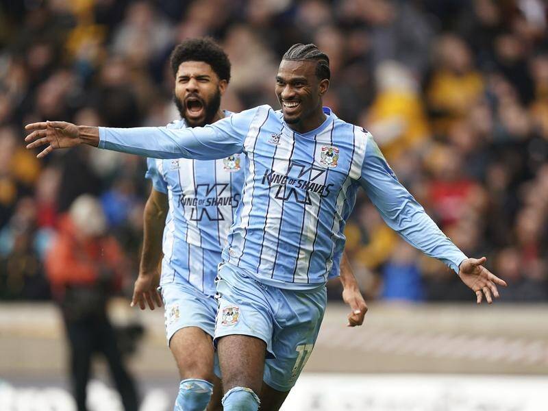 Coventry's Haji Wright celebrates their winner in the FA Cup quarter-final at Wolves. (AP PHOTO)