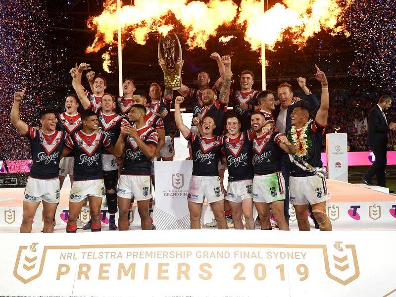 The Sydney Roosters celebrate their 2019 NRL grand-final win after beating a gallant Canberra.